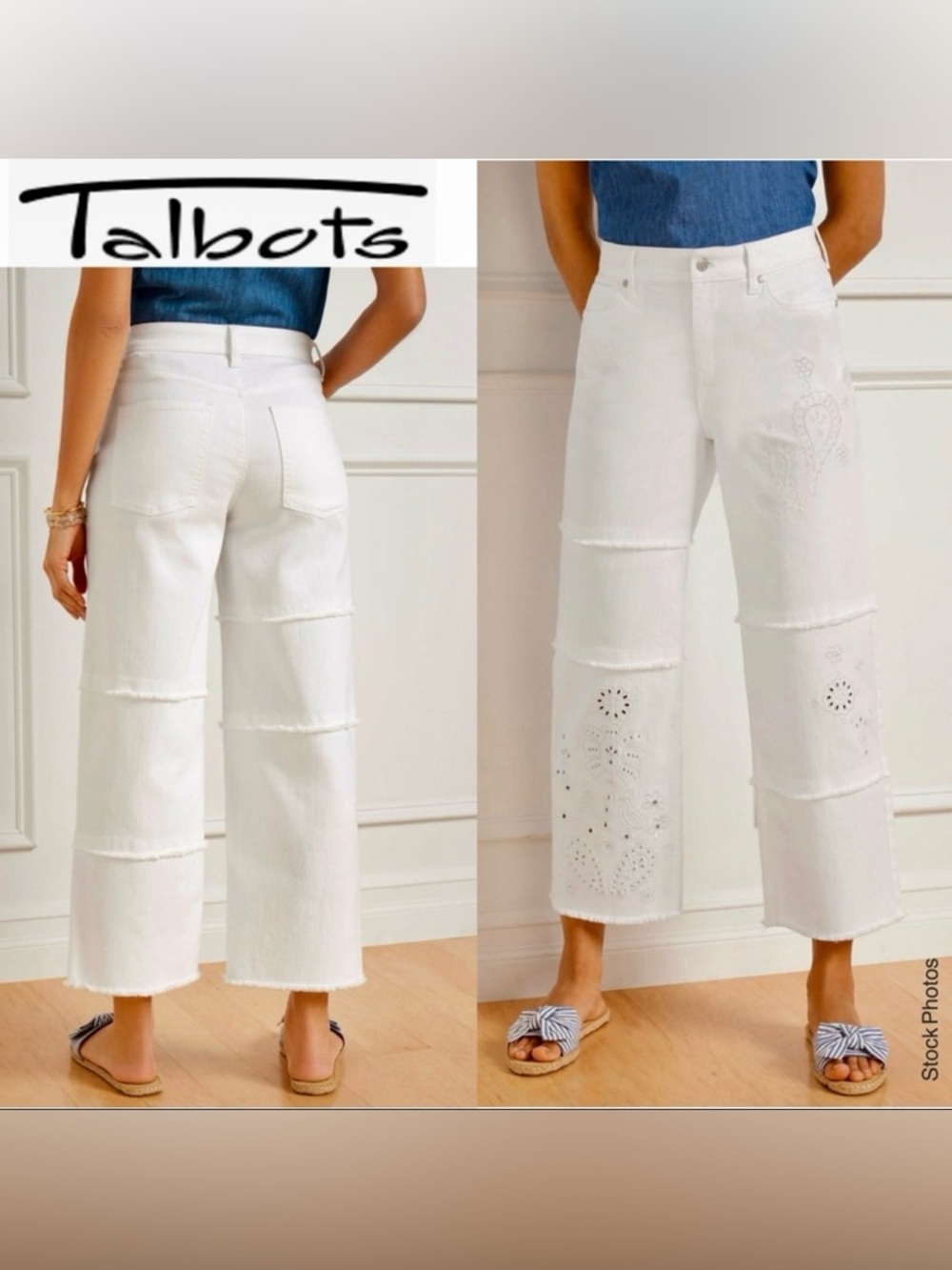 NWT TALBOTS PIECED EMBROIDERED WIDE LEG CROP JEANS WHITE (2P) - Picture 11 of 12